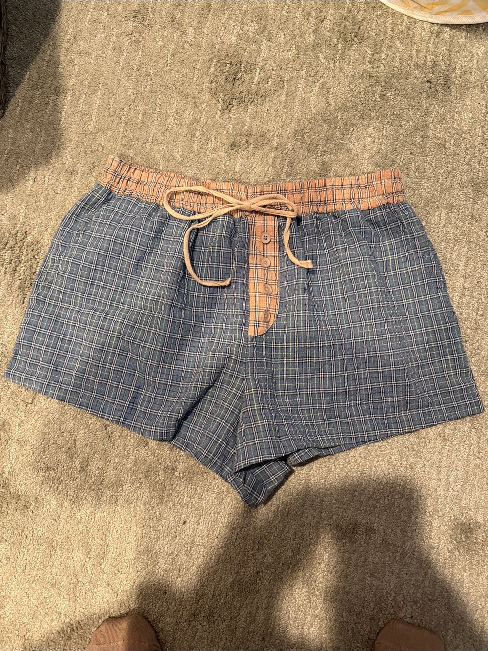 Blue Plaid Women’s Lounge Shorts with Peach Trim